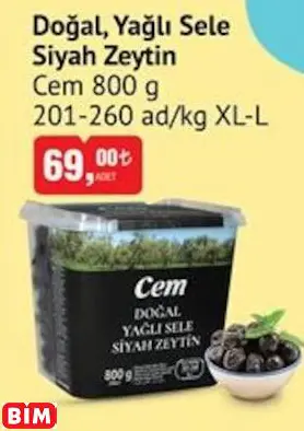 CEM DOĞAL, YAĞLI SELE SİYAH ZEYTİN 201-260 AD/KG XL-L